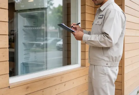 Technician checking an empty refrigerator through a storefront window, holding a clipboard and pen.
