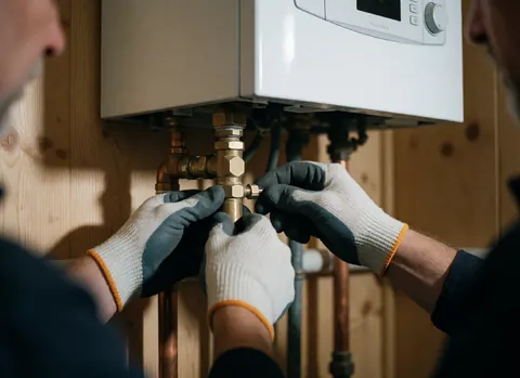 Gloved hands tightening a copper pipe fitting on a white boiler against a light wood wall with natural lighting.