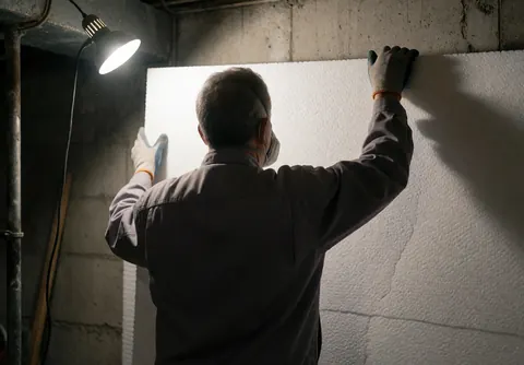 Worker installing large white thermal insulation board on a concrete wall in a warehouse under work light