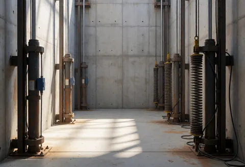 Interior view of an elevator cab showing safety springs and hydraulic cylinders against concrete walls and a rusty floor with natural lighting.