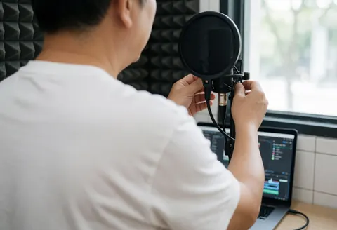 Back view of person adjusting microphone with pop filter in front of computer with editing software, acoustic panels and natural light from window