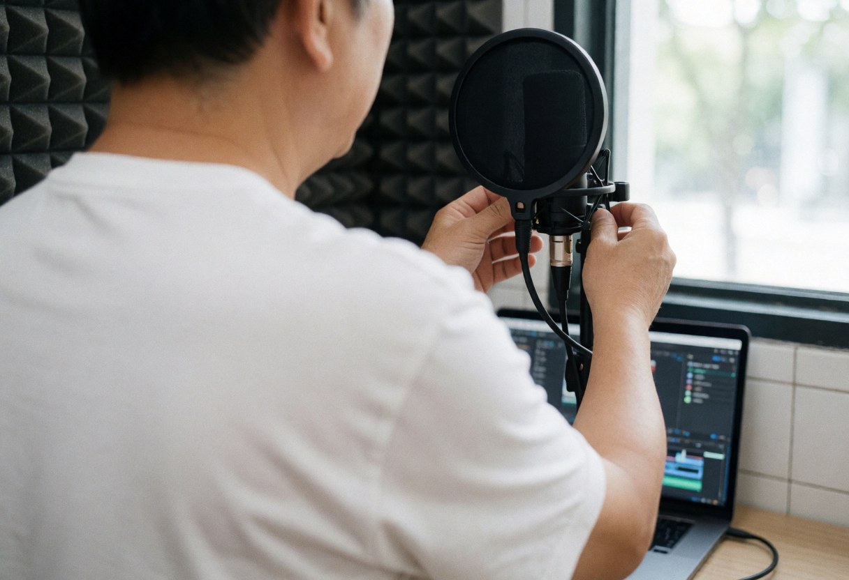Back view of person adjusting microphone with pop filter in front of computer with editing software, acoustic panels and natural light from window