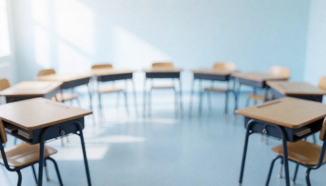 A blurred background of school tables and chairs arranged in a circle with natural light, suitable for educational program text overlays