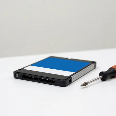 A 2.5 inch solid state drive with a blue and white label next to a screwdriver on a white surface for computer repairs