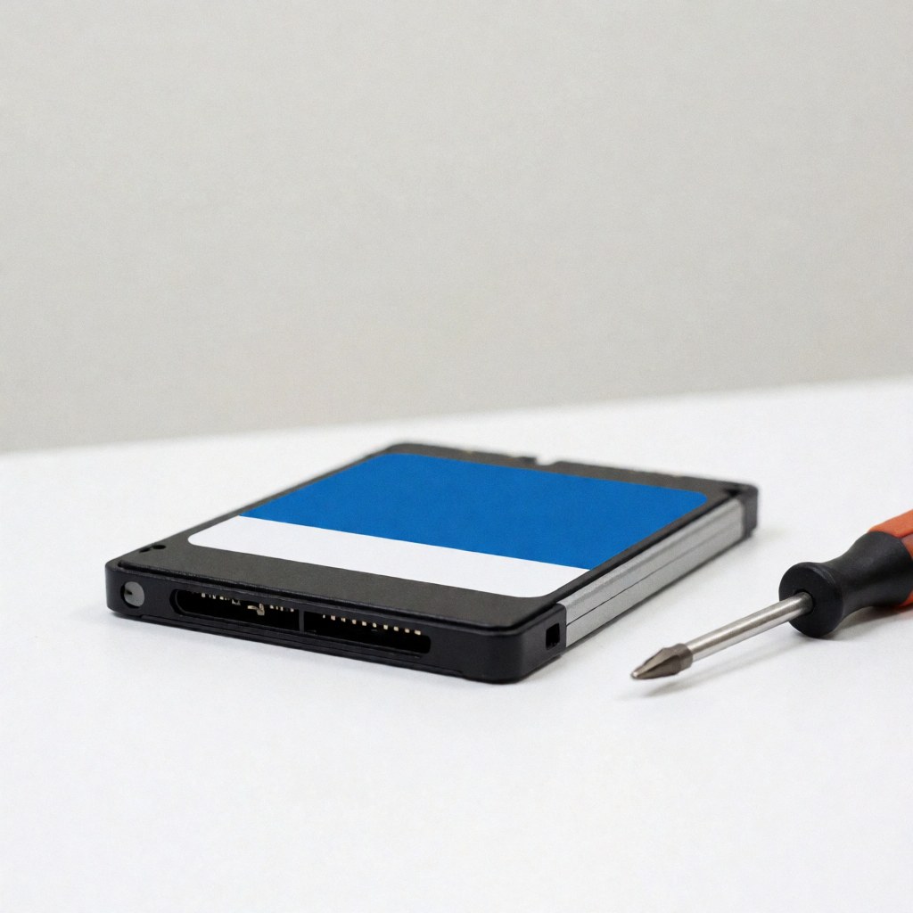 A 2.5 inch solid state drive with a blue and white label next to a screwdriver on a white surface for computer repairs