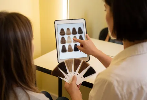 Stylist displays hair color options on a tablet and physical swatches to a client during a salon consultation.