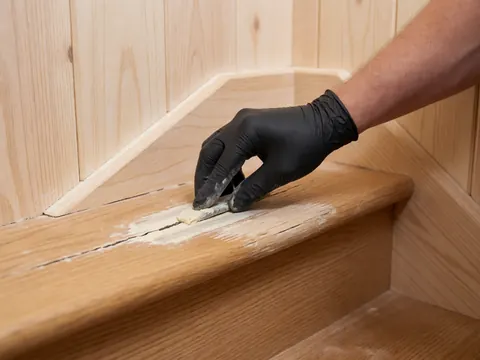 Close-up of a gloved hand applying white wood filler to a crack in a light wood staircase during repair work