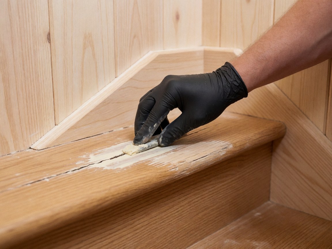 Close-up of a gloved hand applying white wood filler to a crack in a light wood staircase during repair work