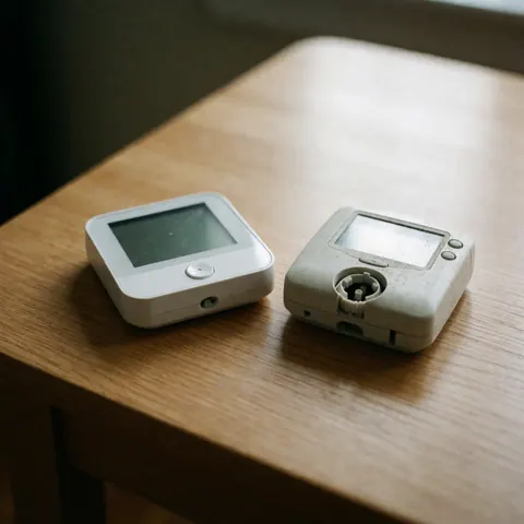 A new white modern thermostat and an old dirty beige thermostat placed side by side on a light wooden table with soft natural lighting.