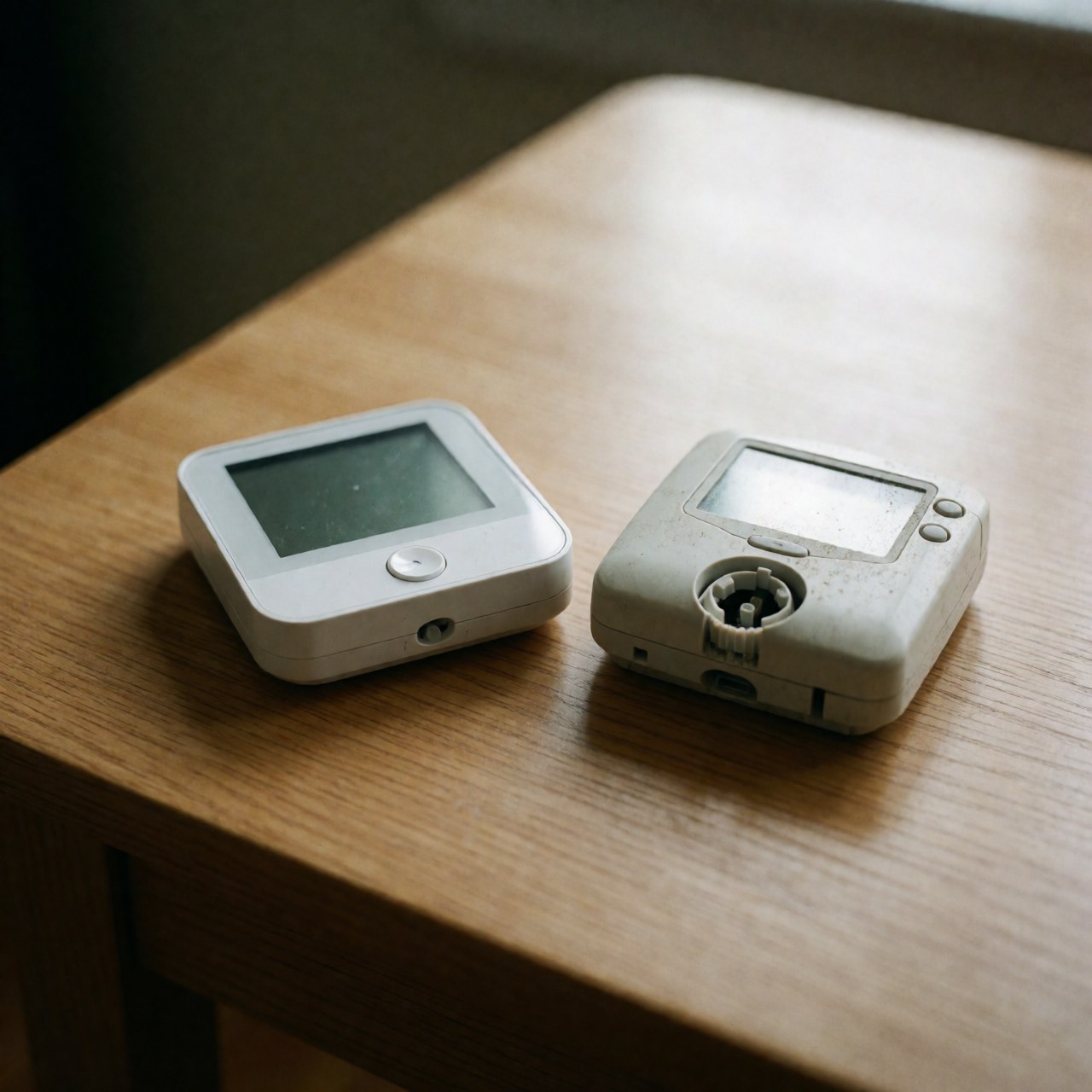 A new white modern thermostat and an old dirty beige thermostat placed side by side on a light wooden table with soft natural lighting.