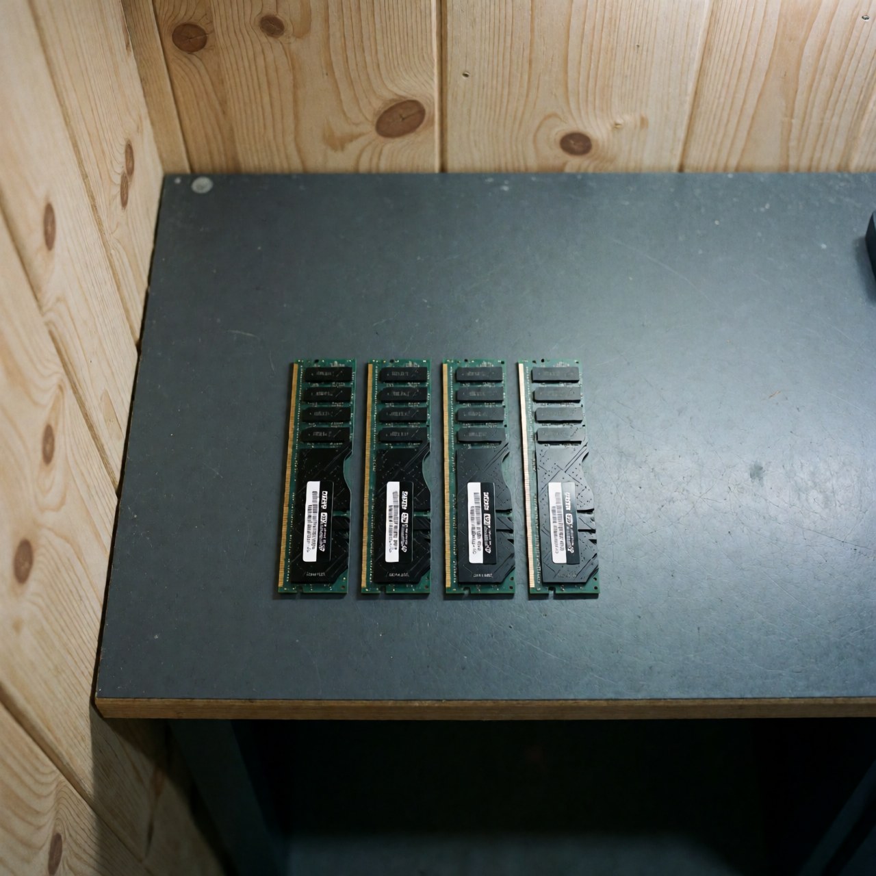 Four DDR4 RAM memory modules with white labels arranged in a row on a dark work table with light wood walls in the background