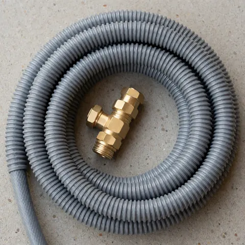 Gray corrugated flexible water hose with bronze fitting on concrete surface for camper water systems and maintenance