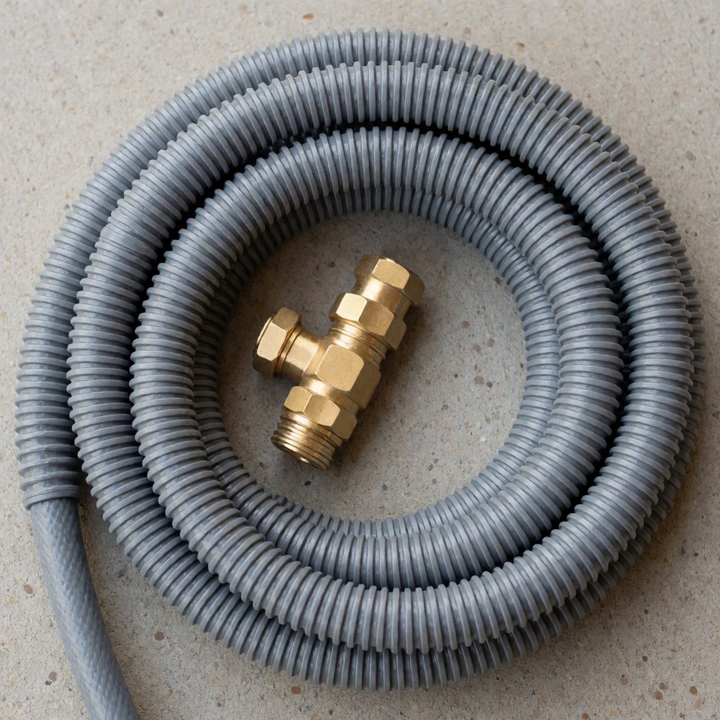 Gray corrugated flexible water hose with bronze fitting on concrete surface for camper water systems and maintenance