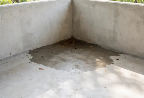 Close-up view of a dark water stain on a concrete patio floor with dry leaves in the corner, showing wet and dry textures under natural light.