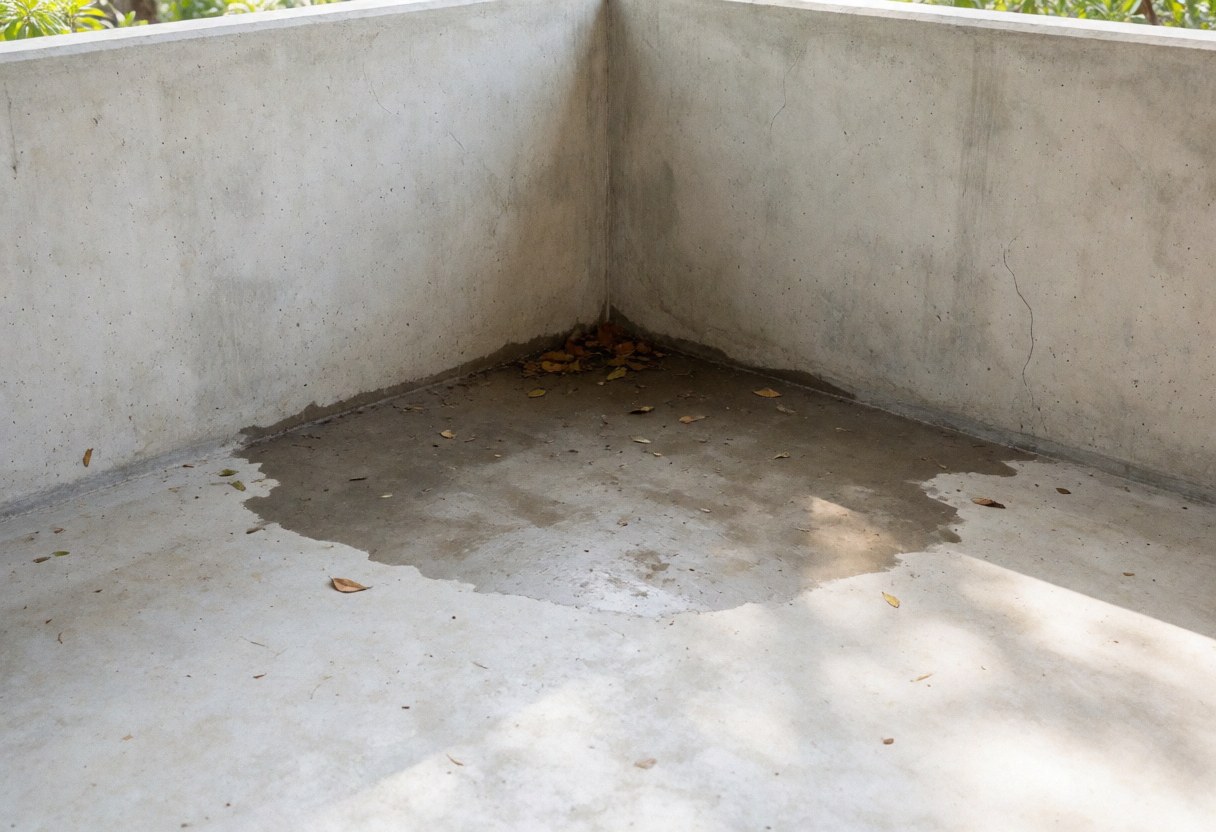 Close-up view of a dark water stain on a concrete patio floor with dry leaves in the corner, showing wet and dry textures under natural light.