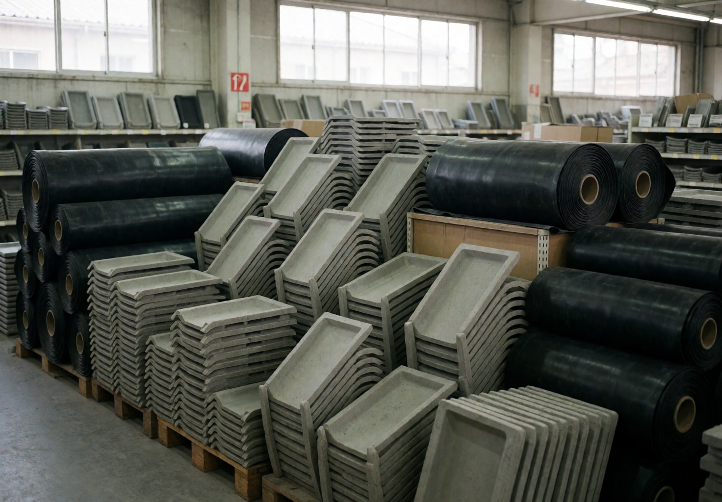Organized warehouse storage featuring concrete roof tiles and black membrane rolls, illuminated by natural and artificial light for professional roof repair supplies.