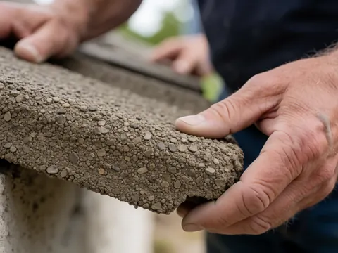 Worker's hands adjusting a textured concrete roof tile outdoors under natural light, showing visible grain and aggregate details.