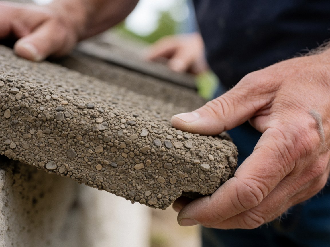 Worker's hands adjusting a textured concrete roof tile outdoors under natural light, showing visible grain and aggregate details.