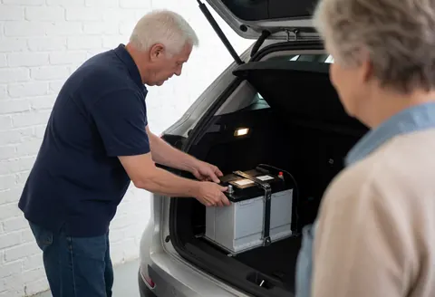 Technician installing an AGM battery in a car trunk with tools and natural light against a white brick wall