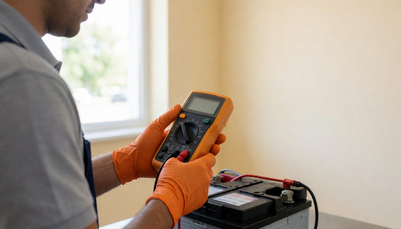 Technician wearing orange gloves uses a multimeter to measure voltage on a car battery in a workshop with beige walls and natural window light.