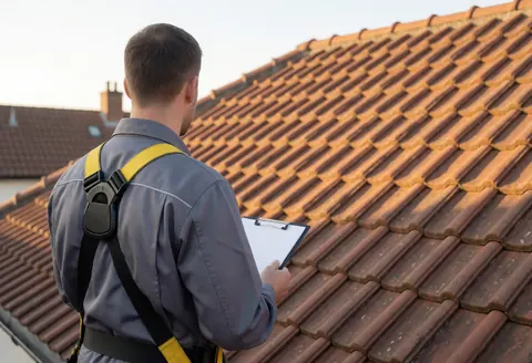 Technician in gray uniform and safety harness evaluating a sloped clay tile roof at sunset with warm lighting and long shadows.