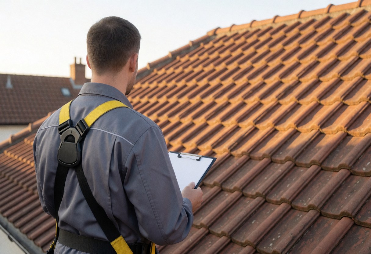 Technician in gray uniform and safety harness evaluating a sloped clay tile roof at sunset with warm lighting and long shadows.
