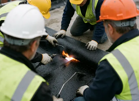 Workers wearing safety gear apply a bituminous membrane using a torch on a concrete surface.