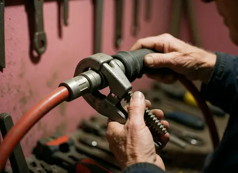 Close-up of hands using a metal tool on an insulated red wire in a workshop with a pink wall and tools in the background.
