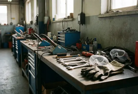 Metal workbench in a battery repair shop displaying tools, gloves, and safety glasses illuminated by natural light from high windows