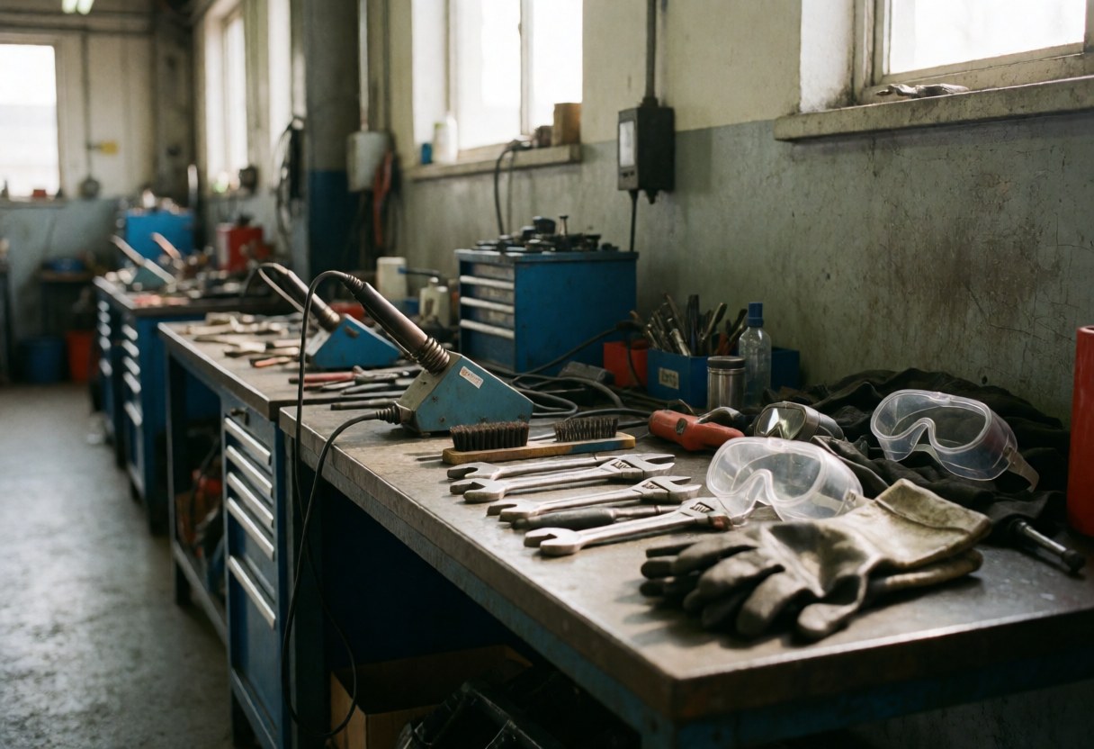 Metal workbench in a battery repair shop displaying tools, gloves, and safety glasses illuminated by natural light from high windows