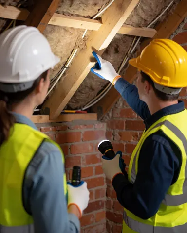 Two technicians wearing hard hats and safety vests inspect wooden roof beams and insulation using a flashlight.