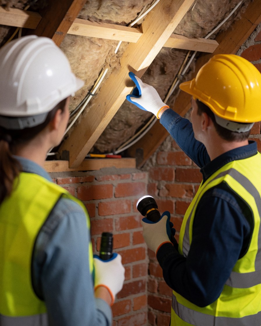 Two technicians wearing hard hats and safety vests inspect wooden roof beams and insulation using a flashlight.