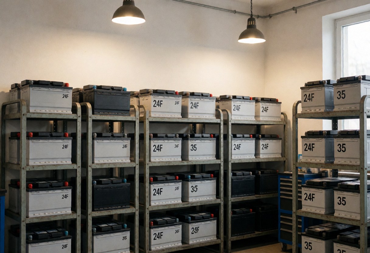 Rows of new car batteries organized on metal shelving units under hanging lights in a clean white-walled storage area with a side window.