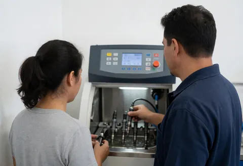 Two technicians examine fuel injectors on an ultrasonic cleaning machine with a visible digital display while the equipment is in operation.