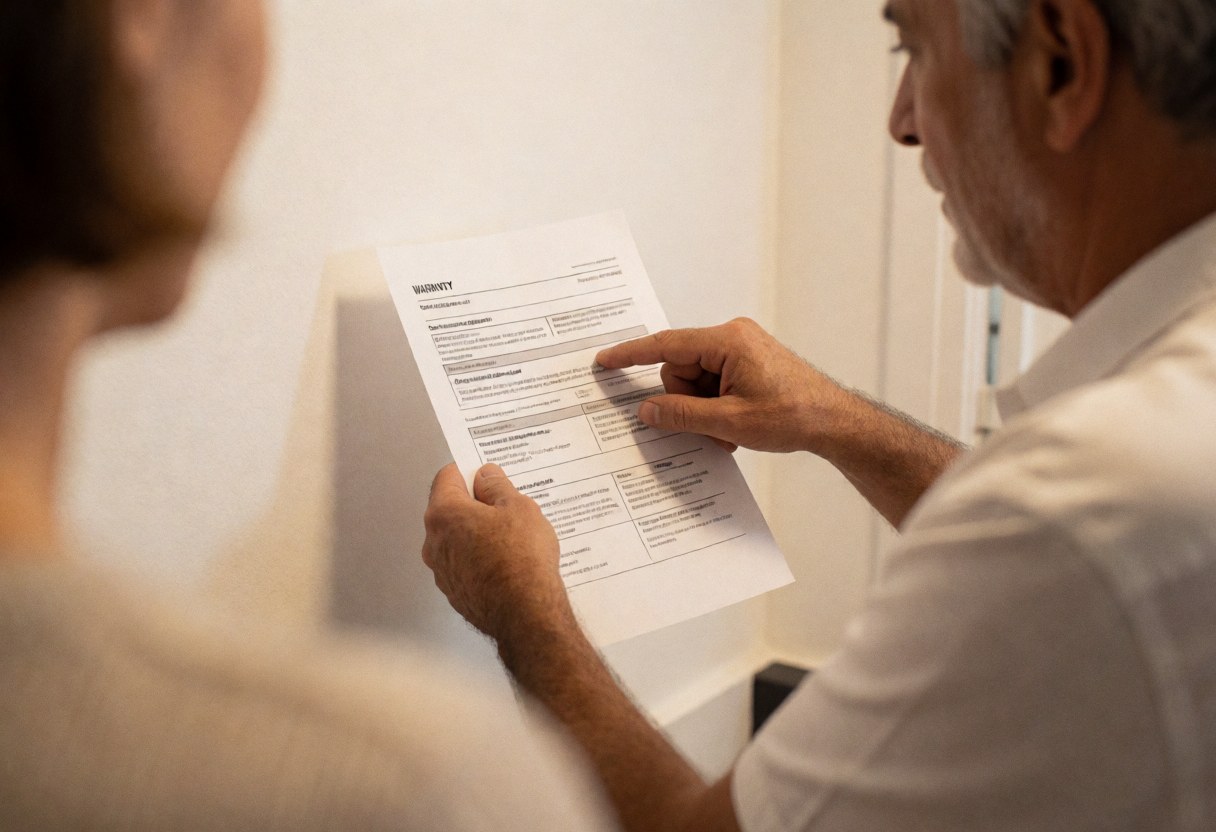 Alarm repair technician displays a warranty document to a customer, pointing to specific details with a focused hand gesture in a well-lit indoor setting.