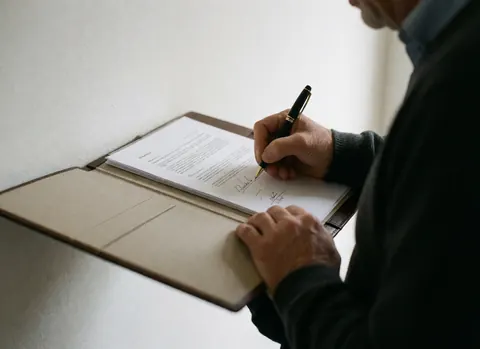 Close-up of a hand signing a document inside a leather portfolio on a white surface with a pen visible