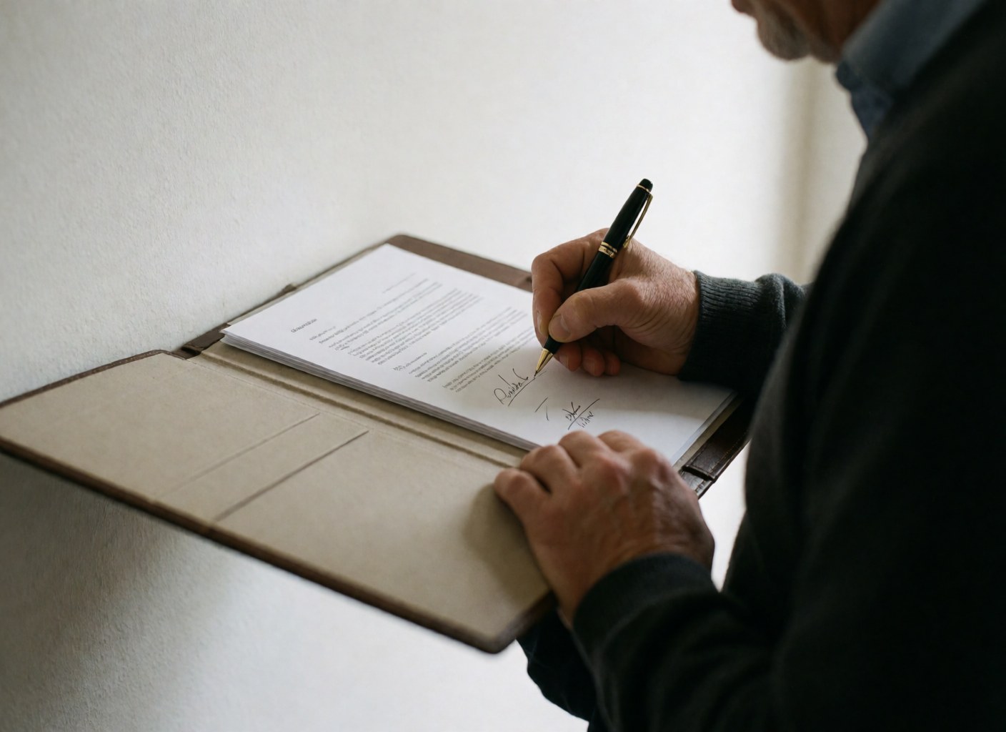 Close-up of a hand signing a document inside a leather portfolio on a white surface with a pen visible