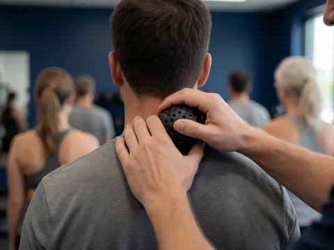 Close-up of a therapist using a massage ball on a client's neck in a modern gym with blurred blue walls.