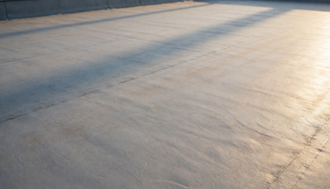 Gray flat roof texture with soft sunset shadows, ideal for commercial text backgrounds without distractions.