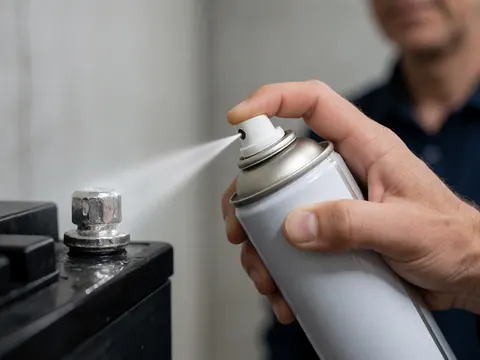 Close-up of a hand applying anti-corrosion gel to a battery post with a blurred concrete wall background