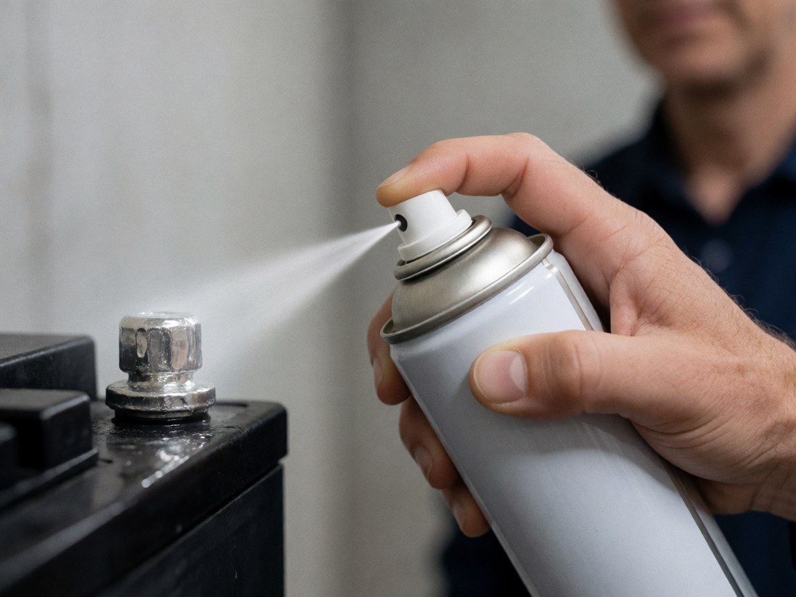 Close-up of a hand applying anti-corrosion gel to a battery post with a blurred concrete wall background