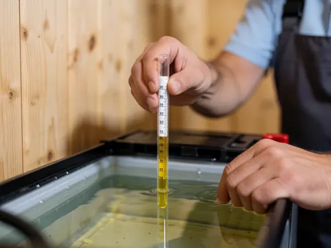 Close-up of a hydrometer floating in yellow battery electrolyte liquid on a wooden surface, showing precise measurement details.