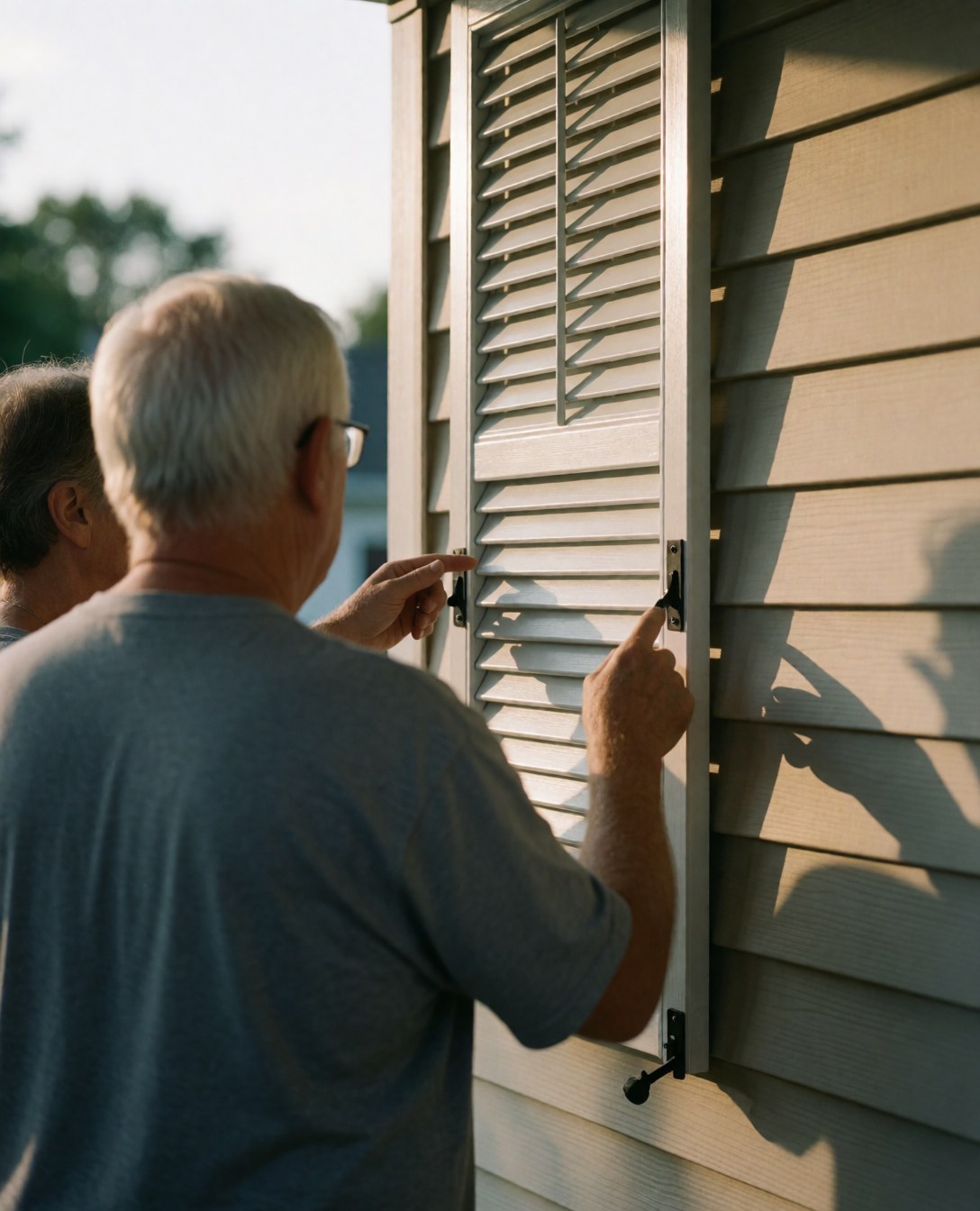 Installer adjusting exterior blinds on a wooden house during sunset with visible hands and tools
