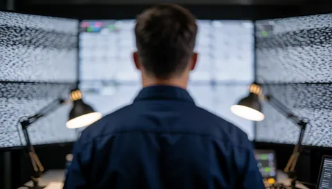 Back view of a technician in blue uniform facing multiple test screens with static and work lights, blurred background suitable for text overlay
