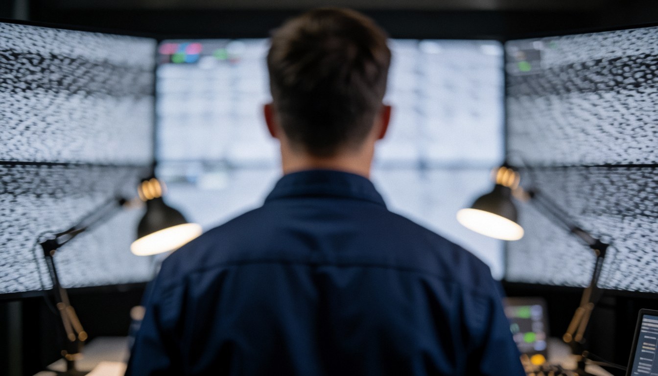 Back view of a technician in blue uniform facing multiple test screens with static and work lights, blurred background suitable for text overlay