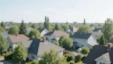 Soft focus background of residential rooftops and green trees under a clear sky, suitable for advertising text overlay