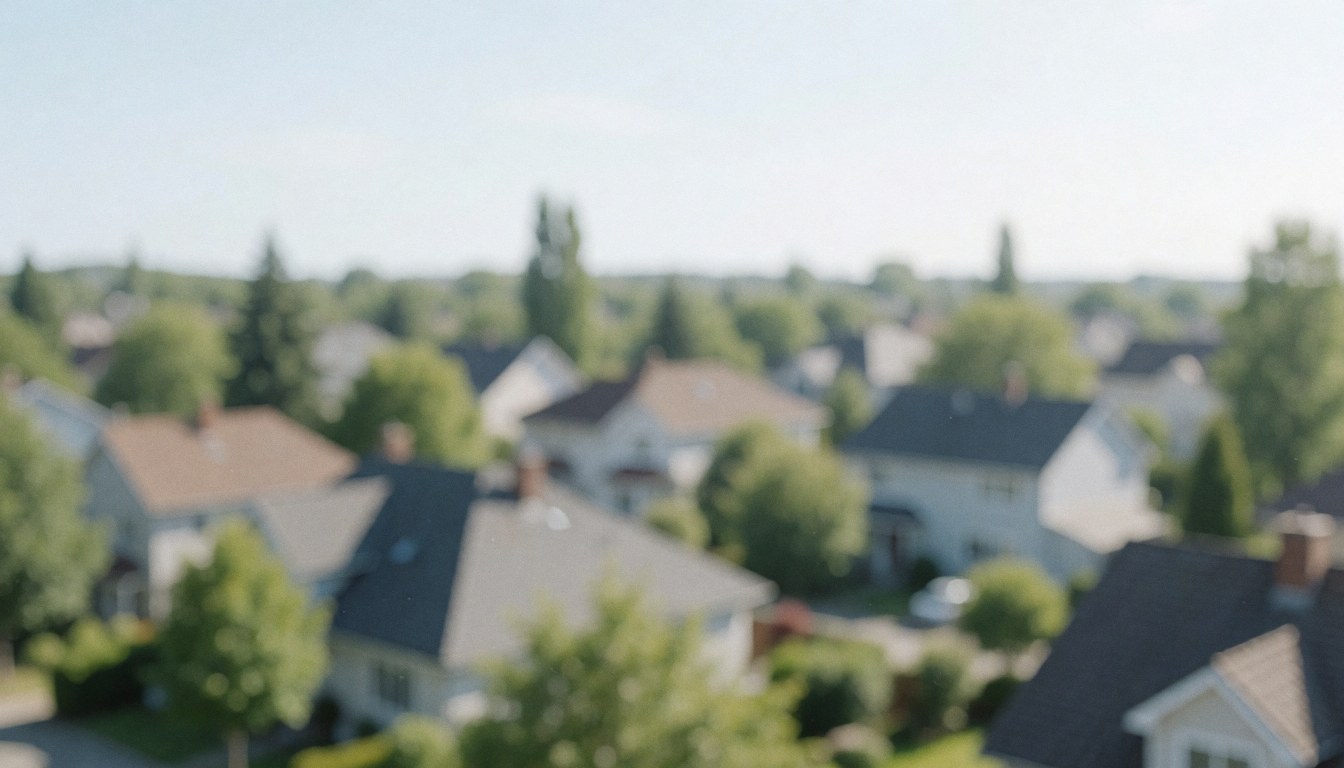 Soft focus background of residential rooftops and green trees under a clear sky, suitable for advertising text overlay