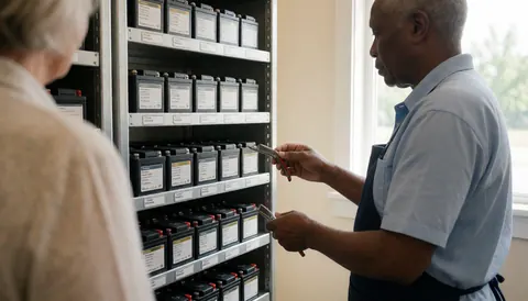 Technician inspecting batteries on a shelf in a repair shop while a customer observes the process.