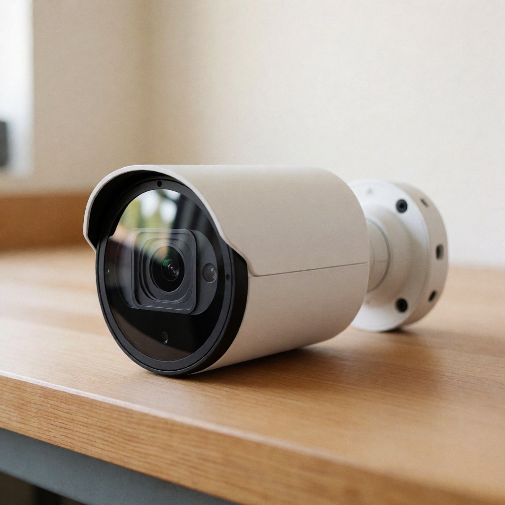 White IP security camera mounted on a light wooden table with a blurred warm wall background and soft natural lighting