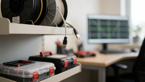 Close-up view of network cable spools and toolboxes on a workspace with a security camera monitor displaying a grid in the background
